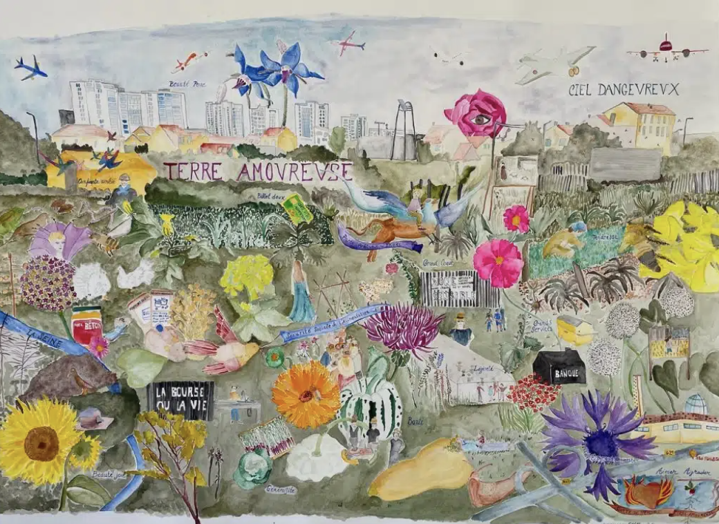 Stéphanie Sagot, Carte de Tendre, Terre Amoureuse, Enoki - Parti Poétique - Zone Sensible, Watercolor on paper, 115 x 152 cm, 2024 © Stephanie Sagot